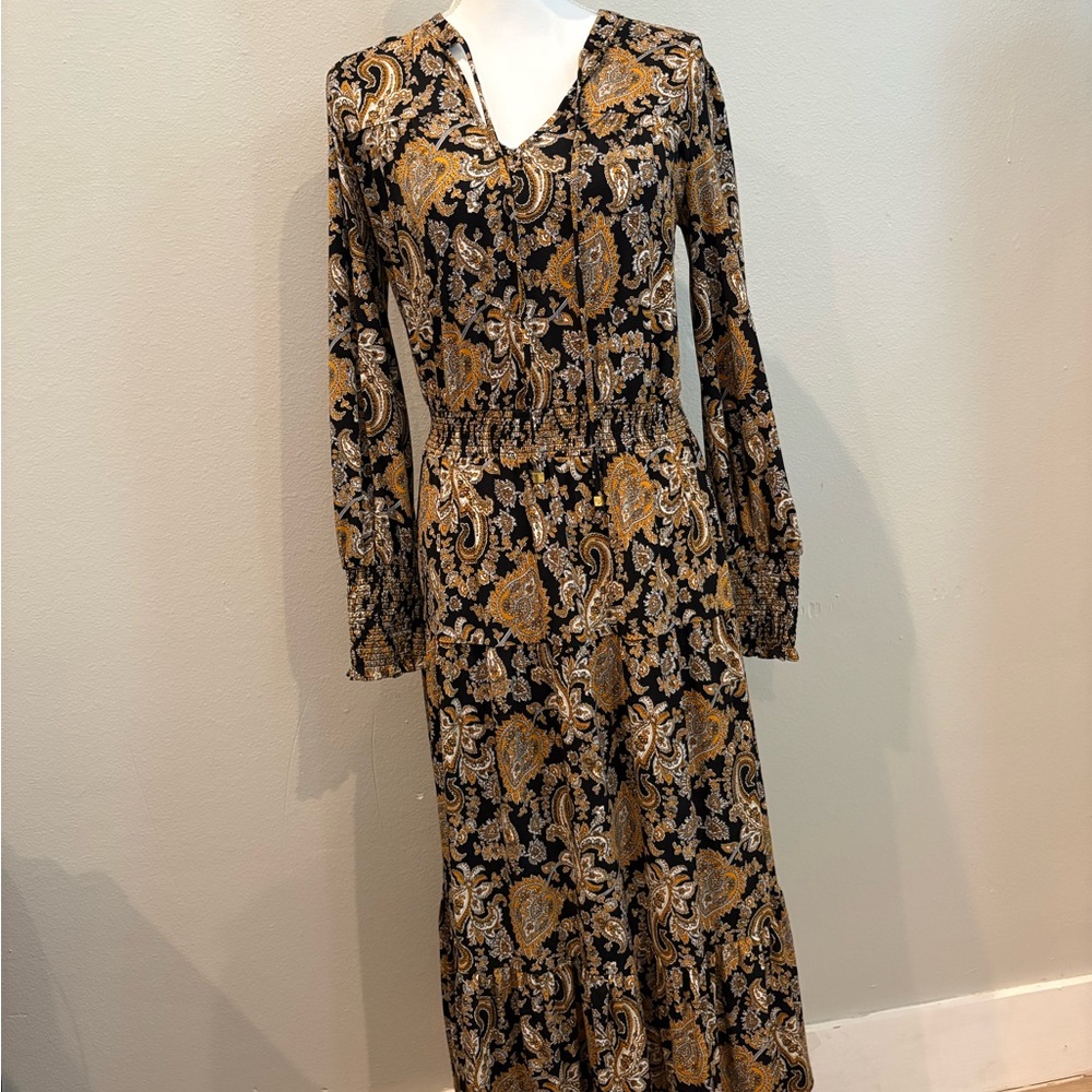 Michael Kors Black and Gold Paisley Long Sleeve Dress